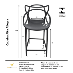 Cadeira Alta Allegra  Preta - Kit com 2 